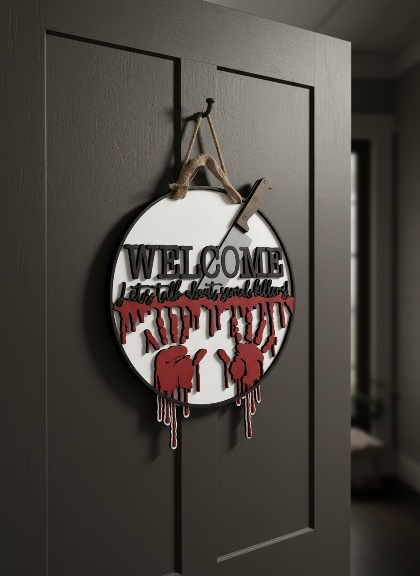 Welcome, Let's Talk About Serial Killers" Bloody Hand Prints Door Sign