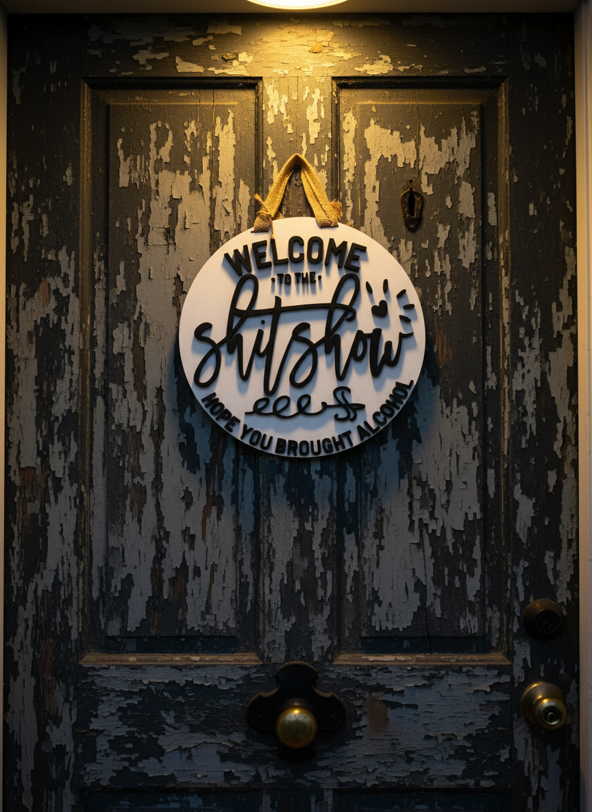 “Welcome to the Sh*t Show, Hope You Brought Alcohol” Funny Door Sign – Adult Humor Home Decor