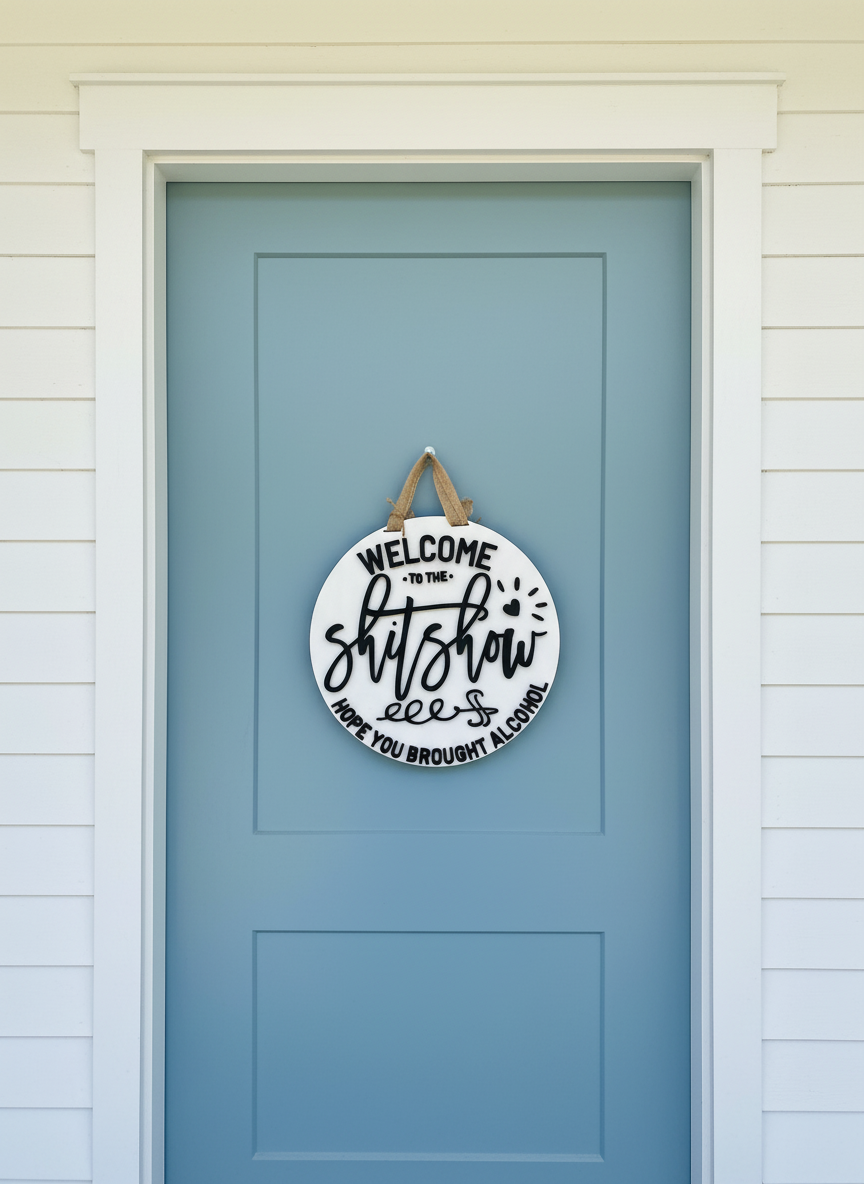 “Welcome to the Sh*t Show, Hope You Brought Alcohol” Funny Door Sign – Adult Humor Home Decor