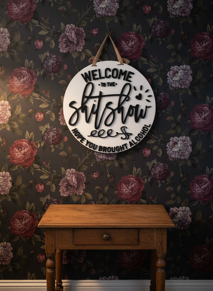 “Welcome to the Sh*t Show, Hope You Brought Alcohol” Funny Door Sign – Adult Humor Home Decor