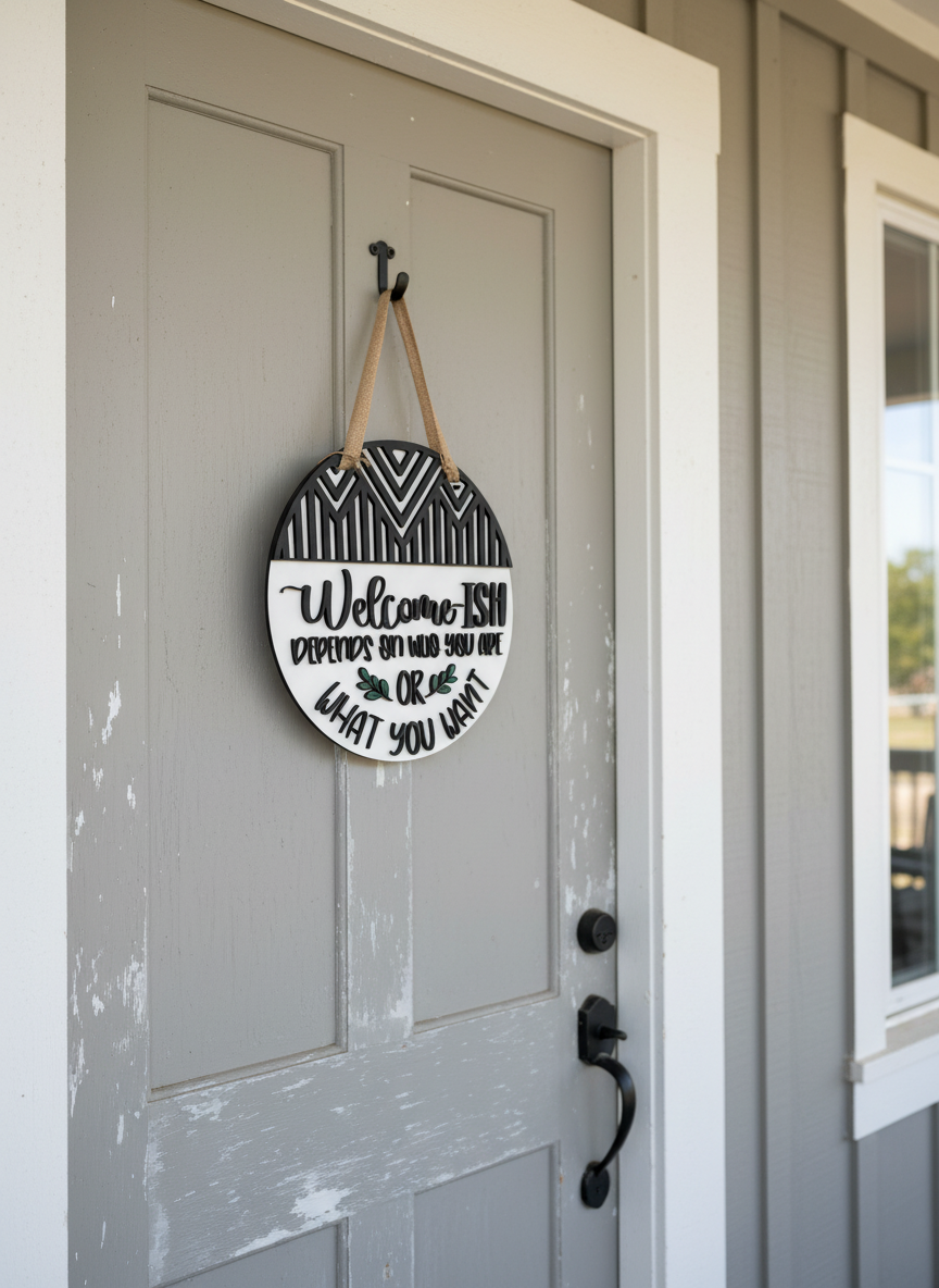 Welcome-ish: Depends on Who You Are or What You Want Door Sign – Funny Front Door & Entryway Decor