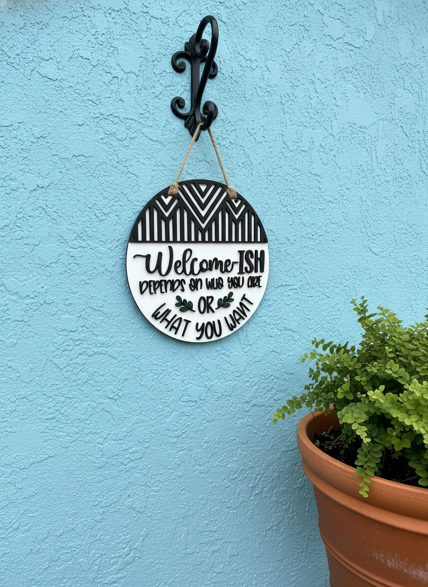 Welcome-ish: Depends on Who You Are or What You Want Door Sign – Funny Front Door & Entryway Decor