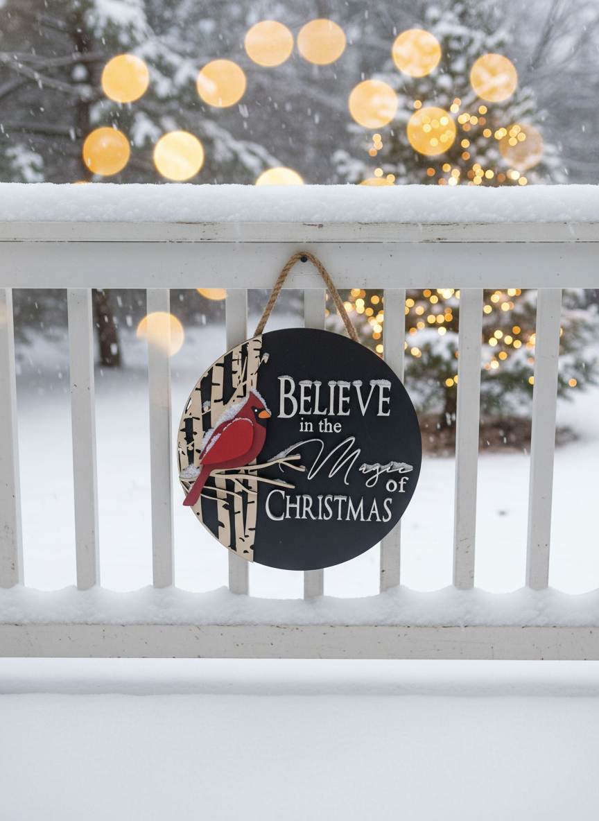 “Believe in the Magic of Christmas” Cardinal Door Sign – Christmas Front Door Decor
