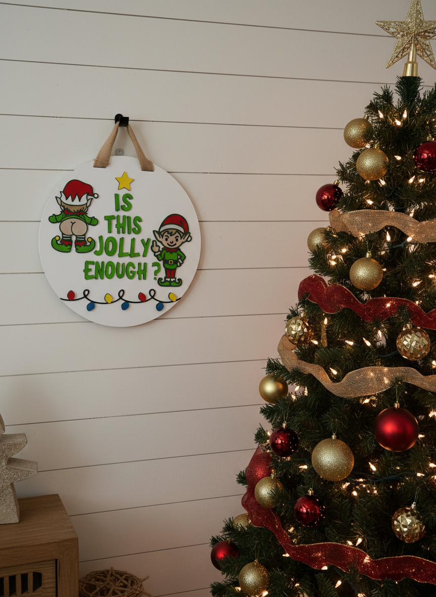 “Is This Jolly Enough?” Christmas Elf Door Sign – Handcrafted Holiday Décor