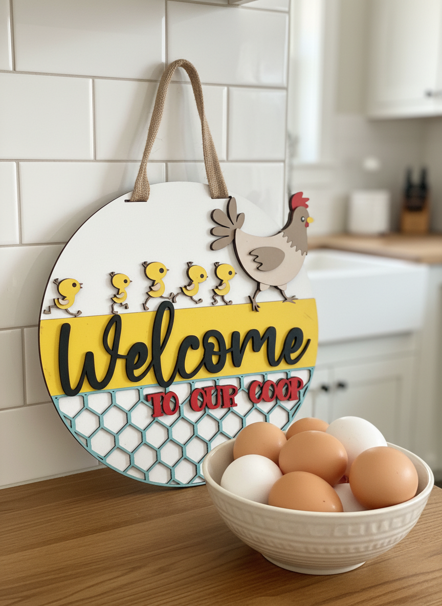 Welcome to Our Coop Hen and Chicks Door Sign