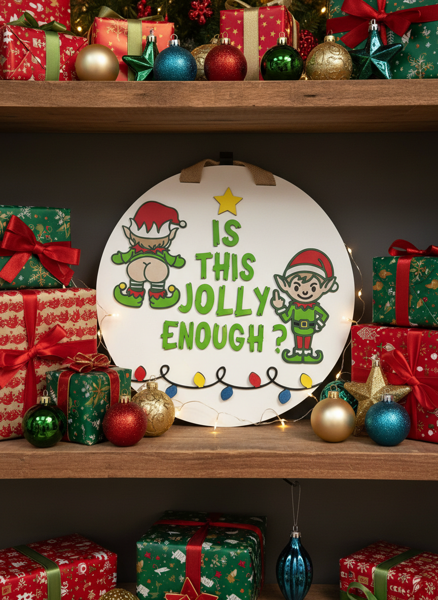 “Is This Jolly Enough?” Christmas Elf Door Sign – Handcrafted Holiday Décor