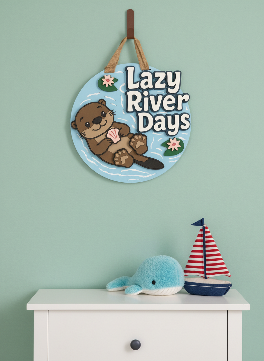 “Lazy River Days” Otter Door Sign – Handcrafted Whimsical Home Décor
