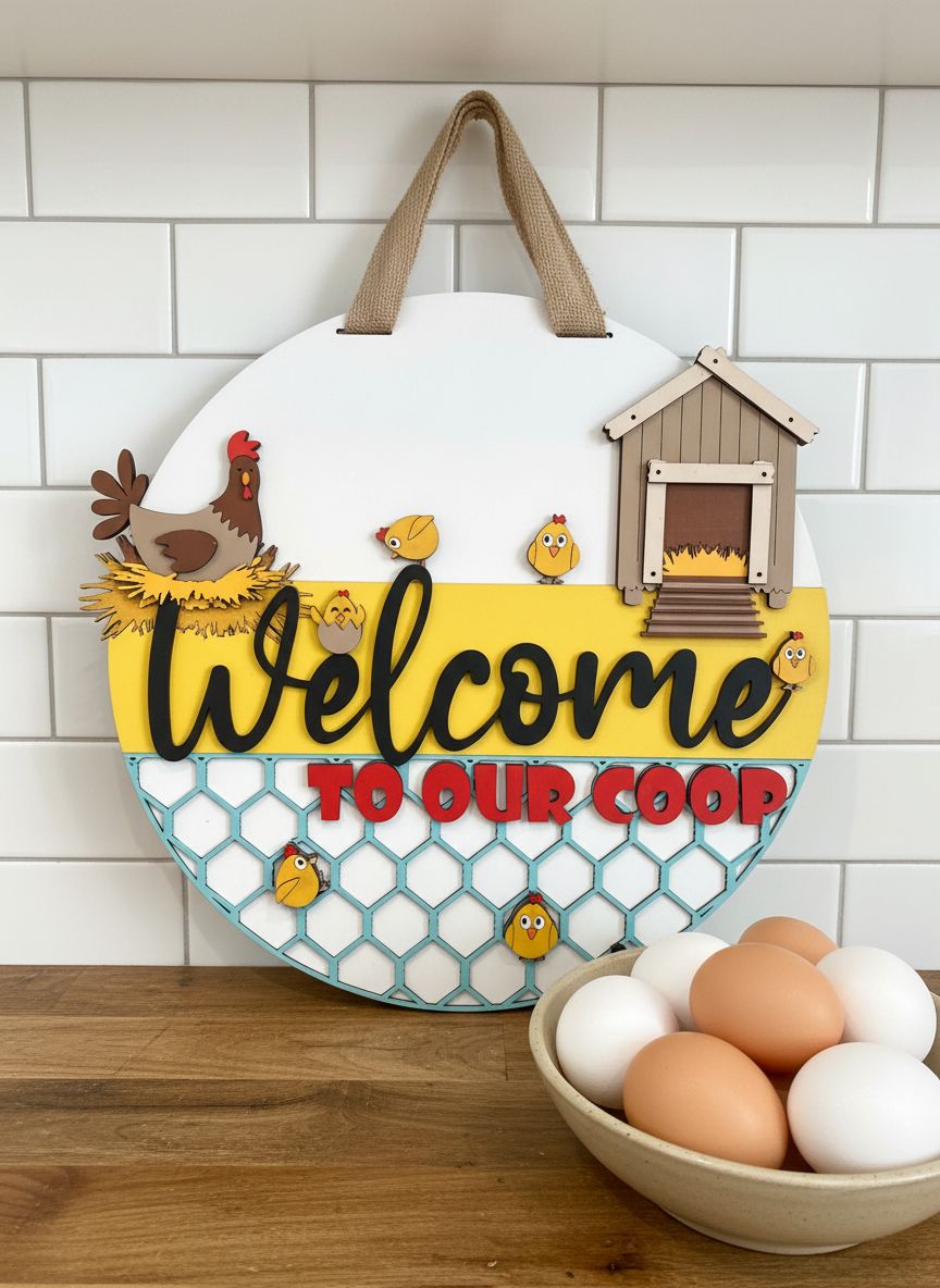 Welcome to Our Coop Hen and Chicks Door Sign