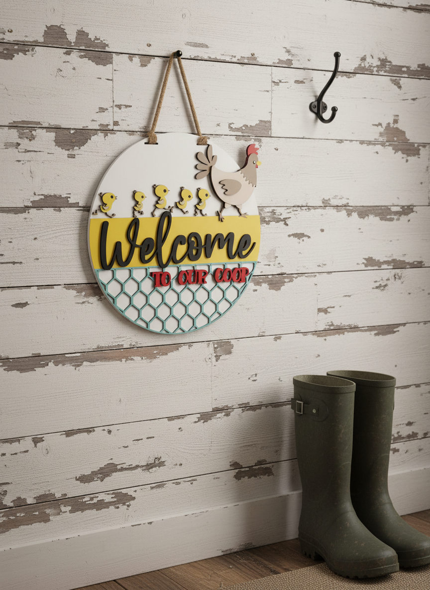 Welcome to Our Coop Hen and Chicks Door Sign
