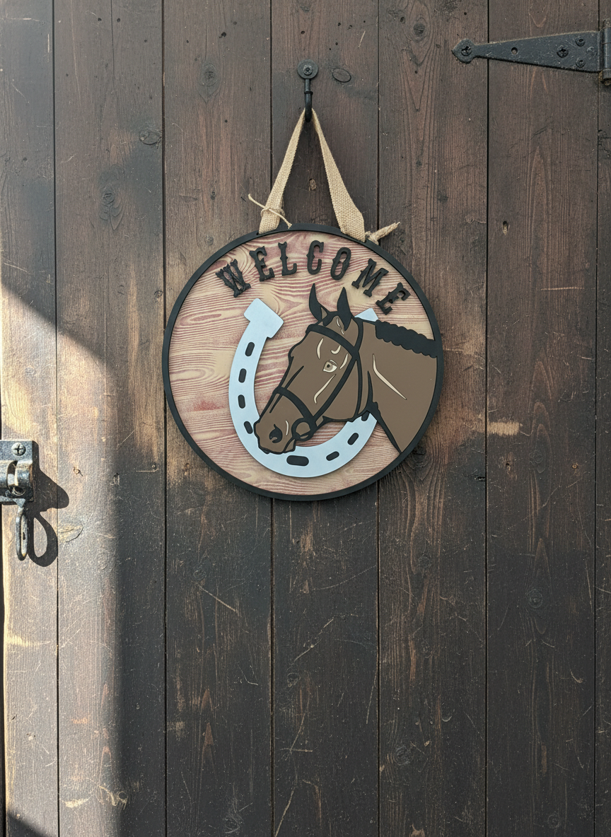 Horseshoe & Horse Welcome Door Sign – Handcrafted Rustic Farmhouse & Equestrian Décor