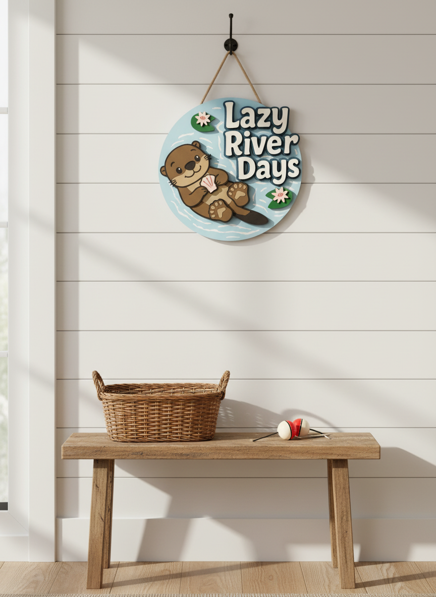 “Lazy River Days” Otter Door Sign – Handcrafted Whimsical Home Décor