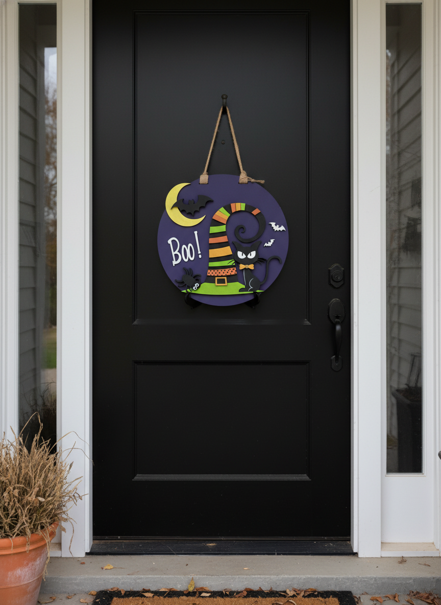 "Boo" Witches Hat and Black Cat Door Sign – Halloween Front Door Decor