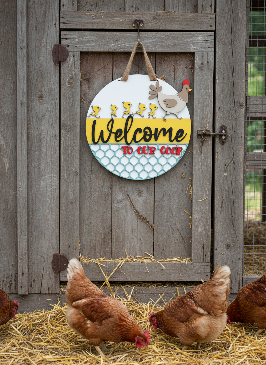 Welcome to Our Coop Hen and Chicks Door Sign
