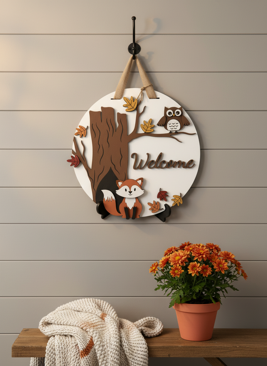 Owl and Fox “Welcome” Door Sign – Woodland & Nature-Inspired Home Décor