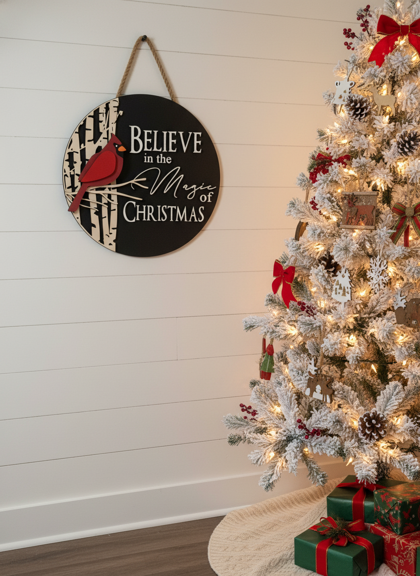 “Believe in the Magic of Christmas” Cardinal Door Sign – Christmas Front Door Decor