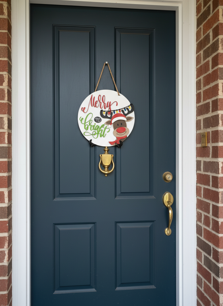 "Merry and Bright" Reindeer Door Sign – Christmas Holiday Decor