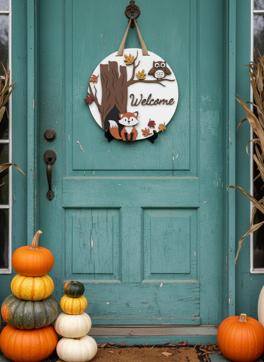 Owl and Fox “Welcome” Door Sign – Woodland & Nature-Inspired Home Décor