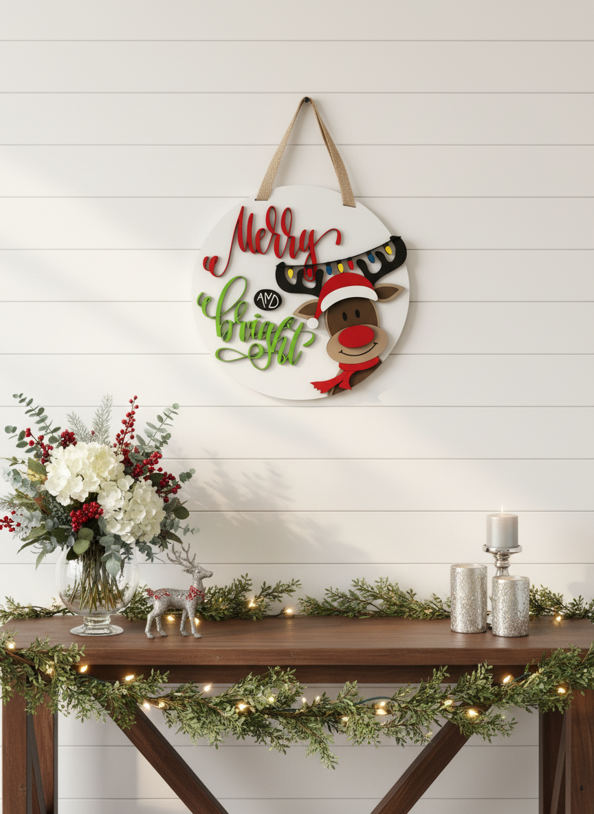 "Merry and Bright" Reindeer Door Sign – Christmas Holiday Decor