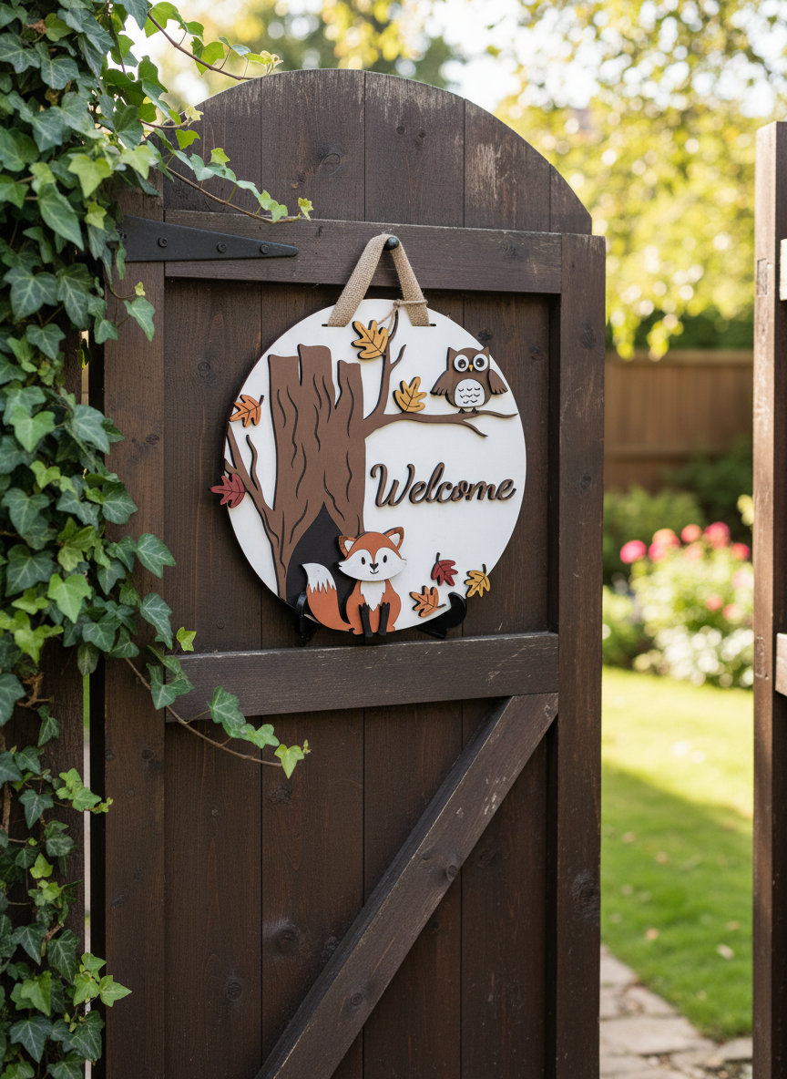 Owl and Fox “Welcome” Door Sign – Woodland & Nature-Inspired Home Décor