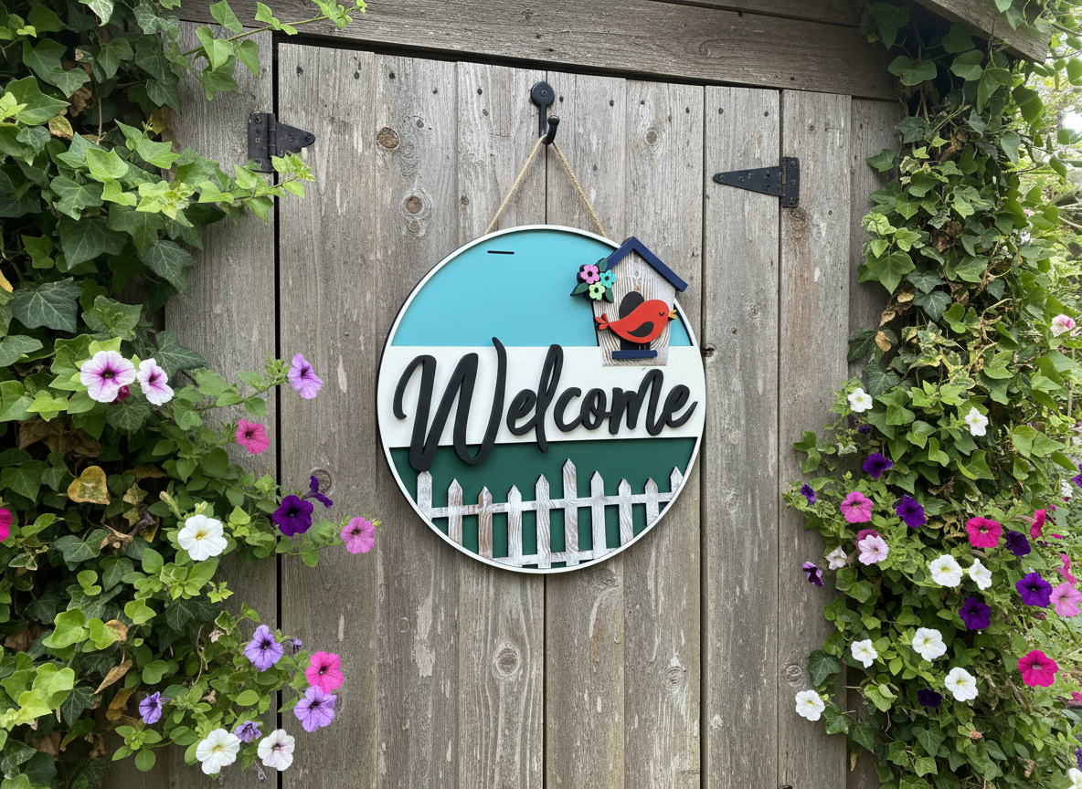 Welcome Red Bird and Birdhouse Door Sign