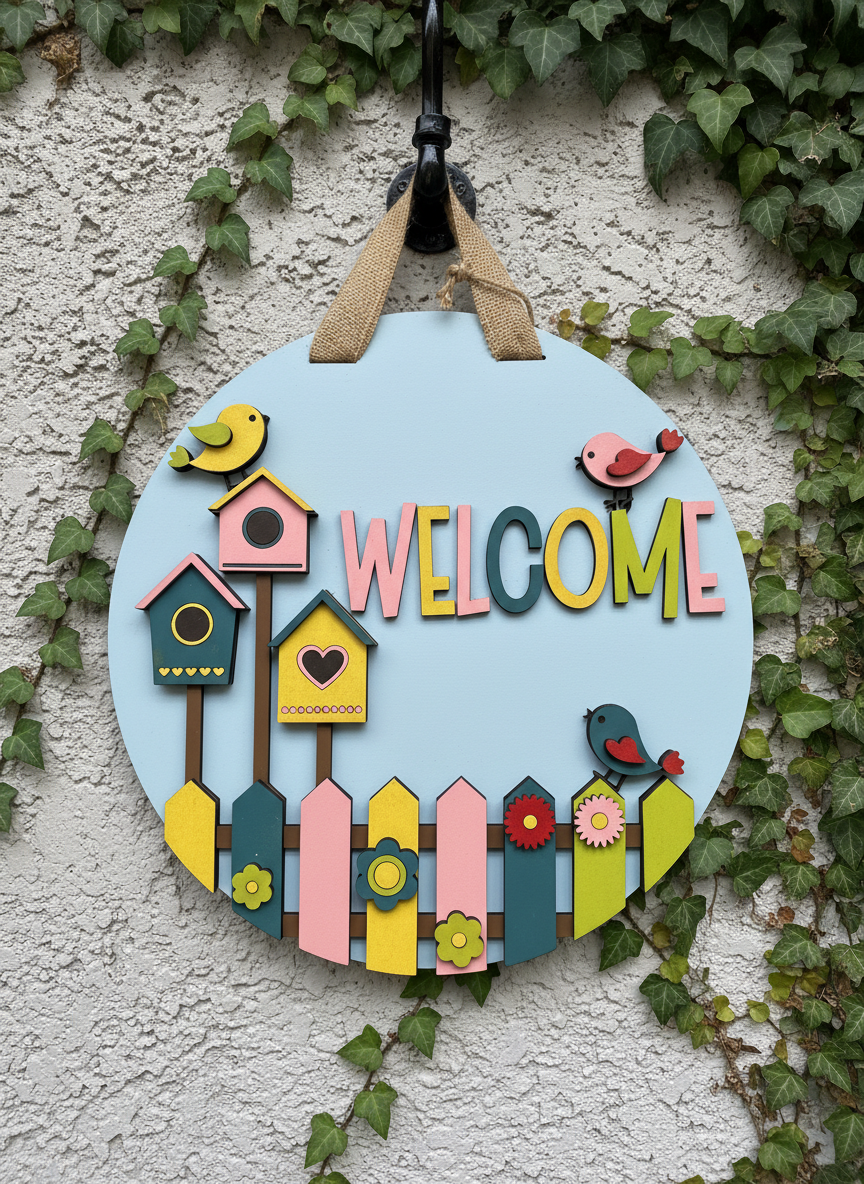 Whimsical Birdhouse Welcome Sign – 3D Layered Wood Door Decor | Handmade Spring & Year-Round Home Accent