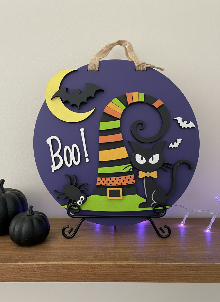 "Boo" Witches Hat and Black Cat Door Sign – Halloween Front Door Decor