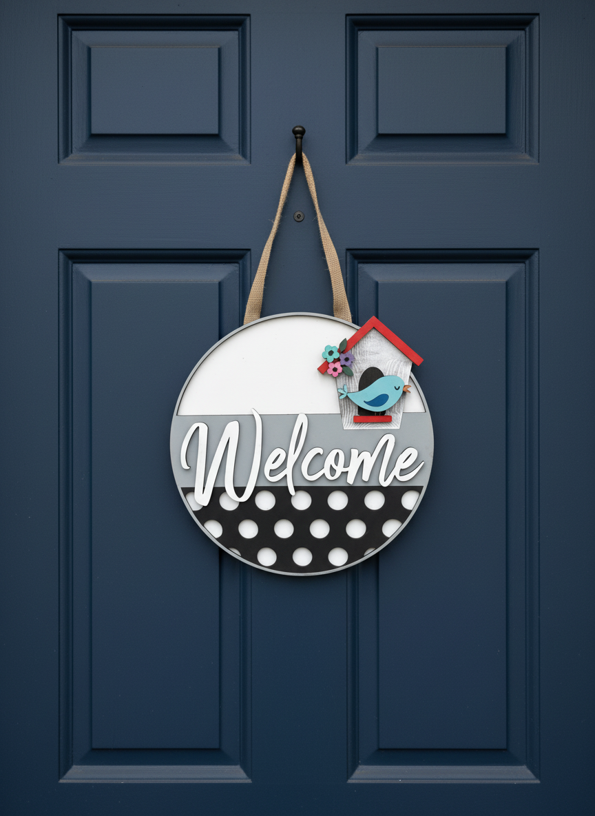Welcome Blue Bird and Birdhouse Door Sign