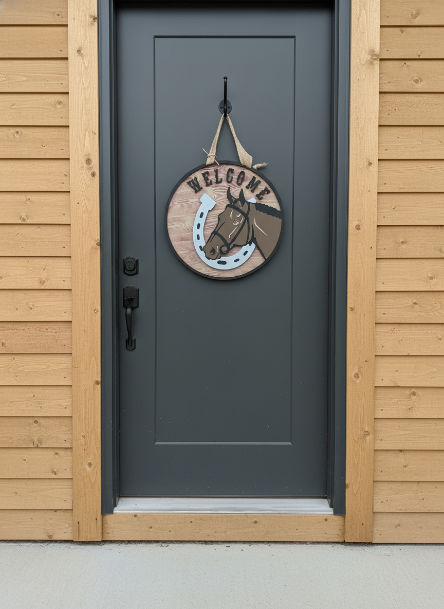 Horseshoe & Horse Welcome Door Sign – Handcrafted Rustic Farmhouse & Equestrian Décor