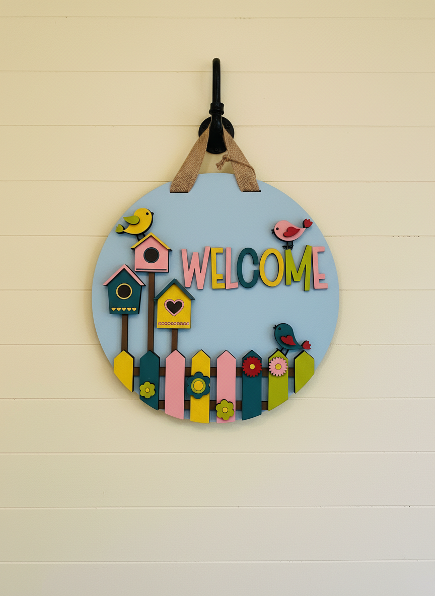Whimsical Birdhouse Welcome Sign – 3D Layered Wood Door Decor | Handmade Spring & Year-Round Home Accent