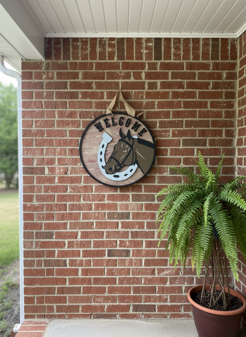 Horseshoe & Horse Welcome Door Sign – Handcrafted Rustic Farmhouse & Equestrian Décor