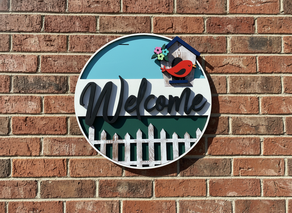 Welcome Red Bird and Birdhouse Door Sign