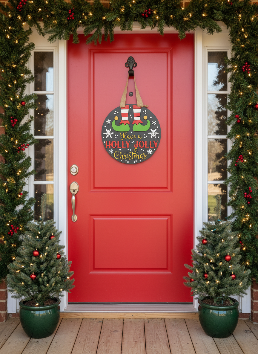Playful Elf Have a Holly Jolly Christmas Door Sign – 16 Inch Holiday Front Door Decor