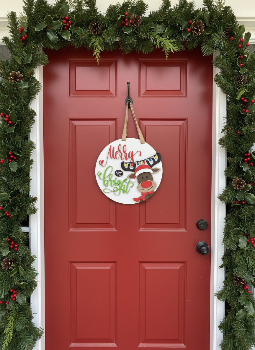 "Merry and Bright" Reindeer Door Sign – Christmas Holiday Decor