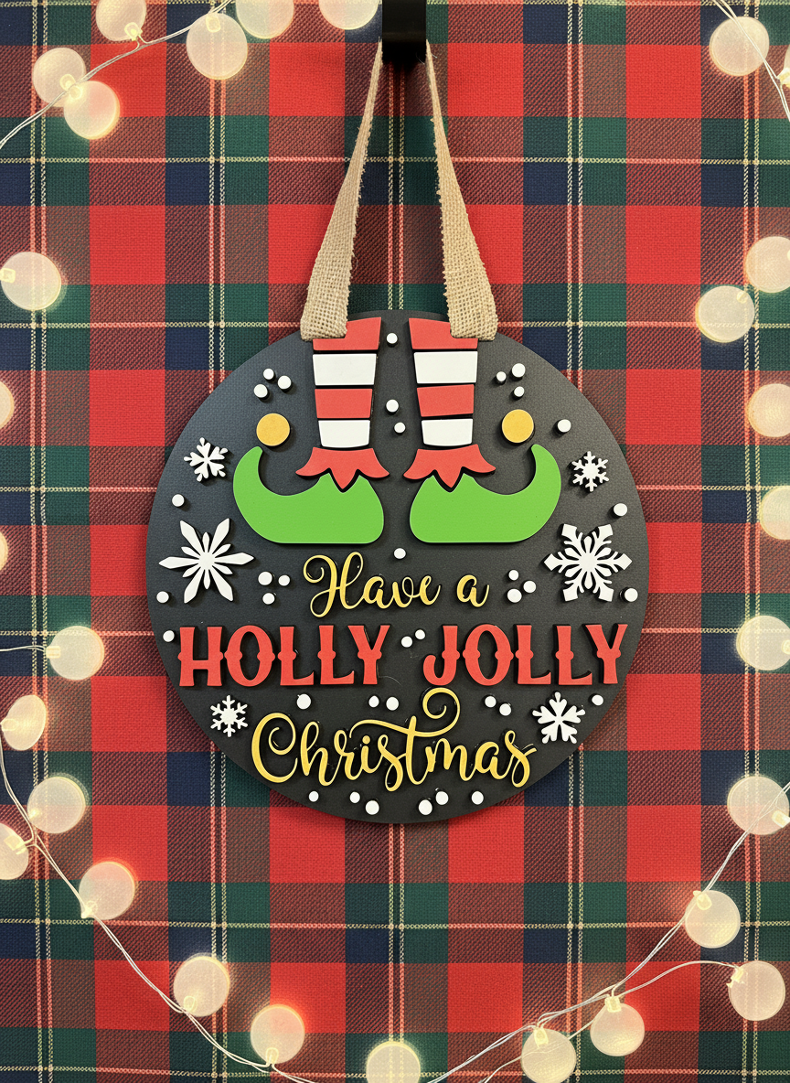 Playful Elf Have a Holly Jolly Christmas Door Sign – 16 Inch Holiday Front Door Decor