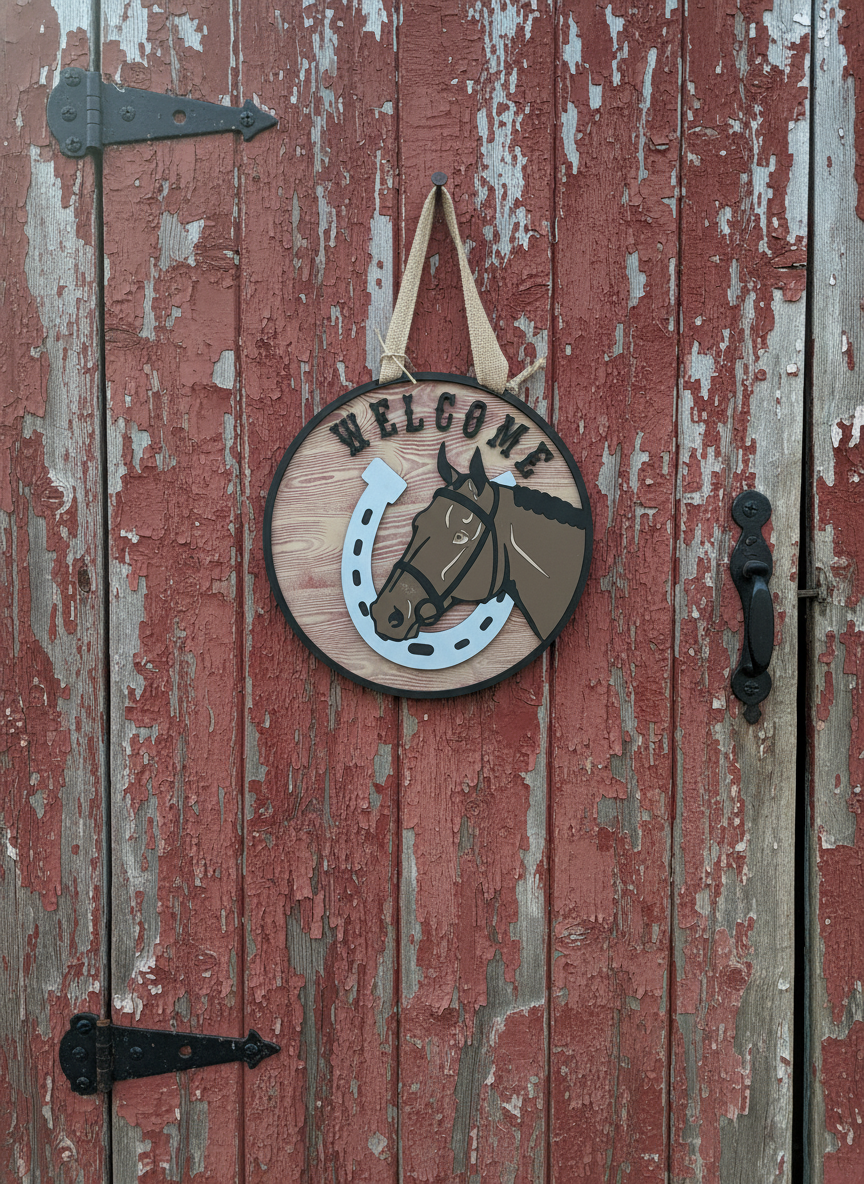 Horseshoe & Horse Welcome Door Sign – Handcrafted Rustic Farmhouse & Equestrian Décor
