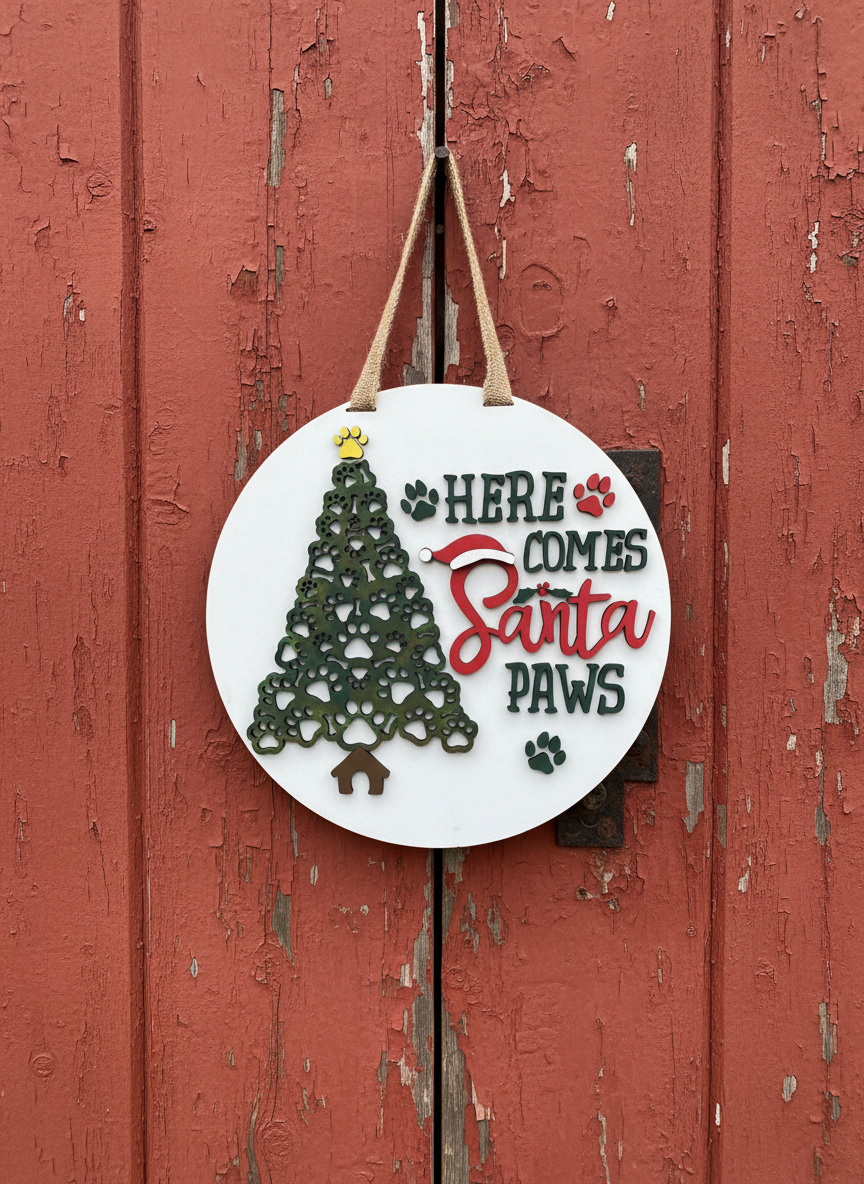 "Here Comes Santa Paws" Door Sign – Festive Christmas Decor for Pet Lovers