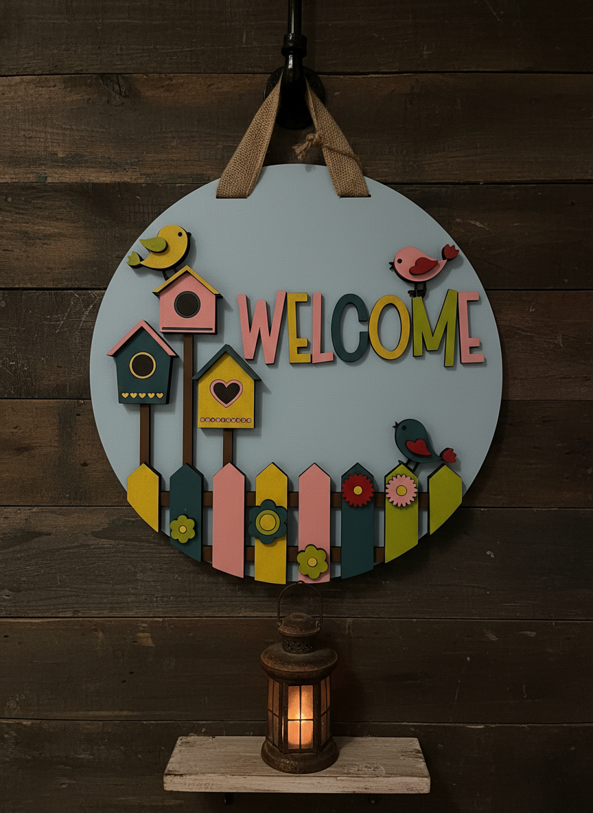 Whimsical Birdhouse Welcome Sign – 3D Layered Wood Door Decor | Handmade Spring & Year-Round Home Accent