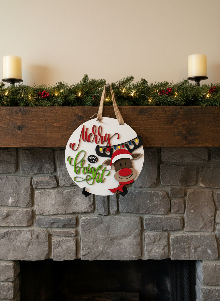"Merry and Bright" Reindeer Door Sign – Christmas Holiday Decor