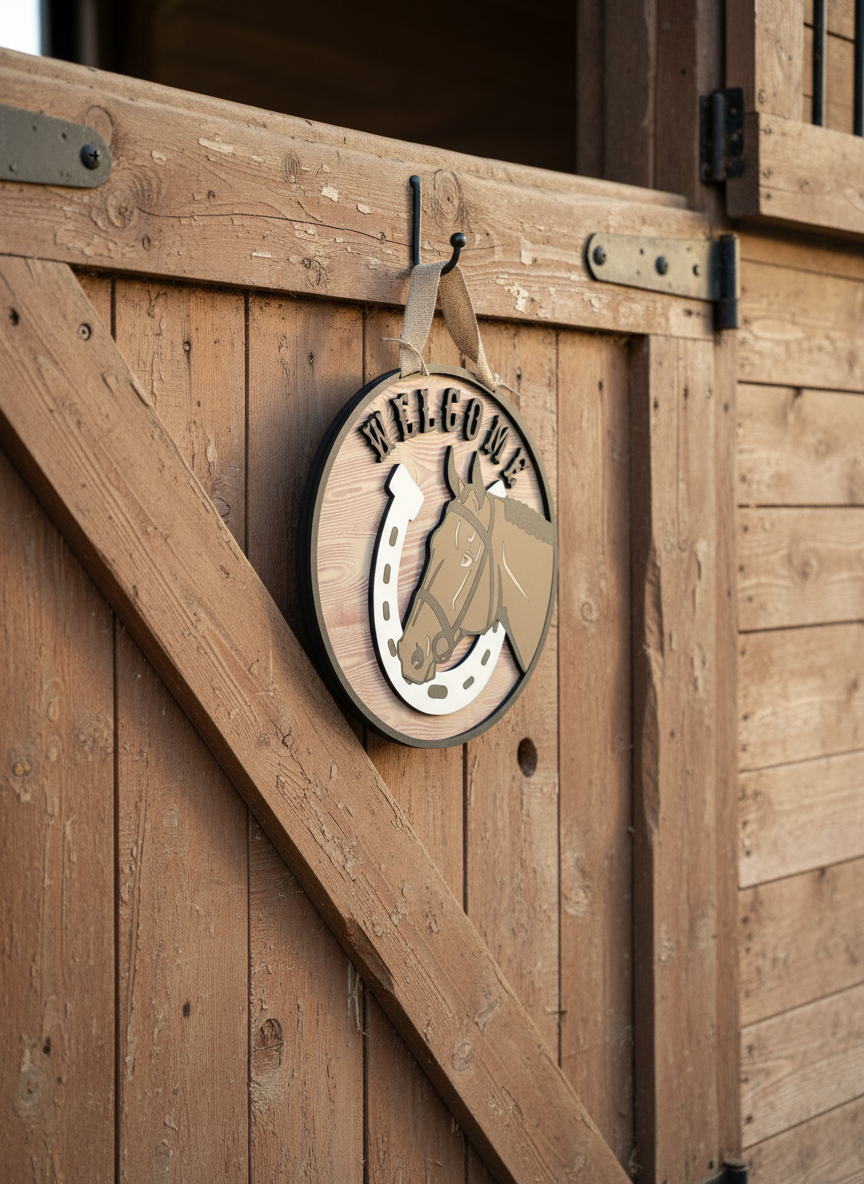 Horseshoe & Horse Welcome Door Sign – Handcrafted Rustic Farmhouse & Equestrian Décor