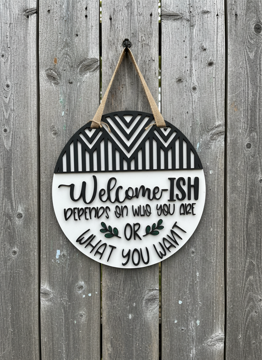 Welcome-ish: Depends on Who You Are or What You Want Door Sign – Funny Front Door & Entryway Decor