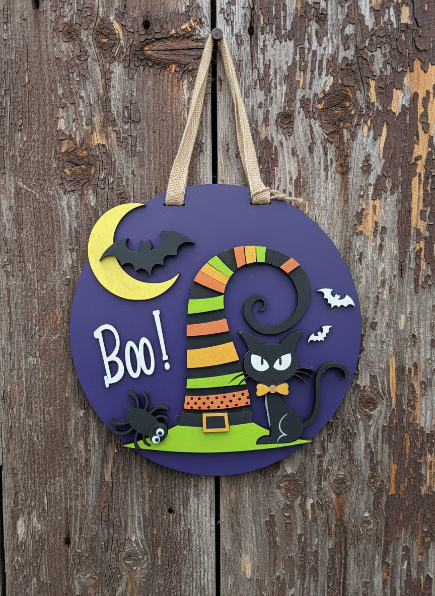 "Boo" Witches Hat and Black Cat Door Sign – Halloween Front Door Decor