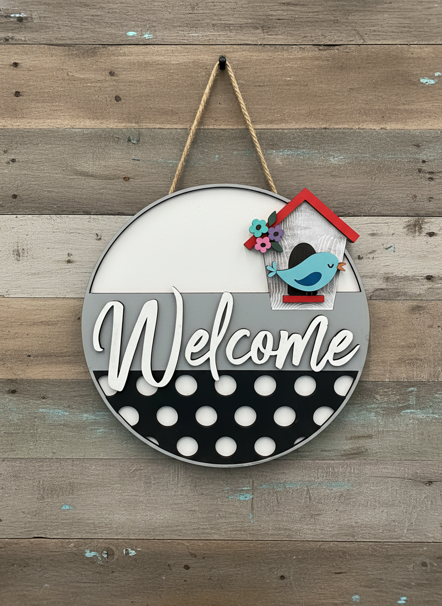 Welcome Blue Bird and Birdhouse Door Sign