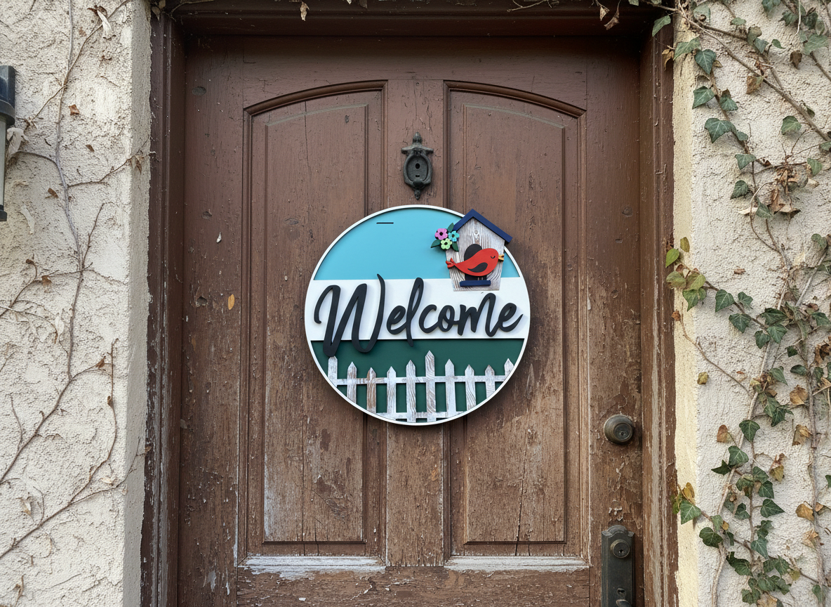 Welcome Red Bird and Birdhouse Door Sign