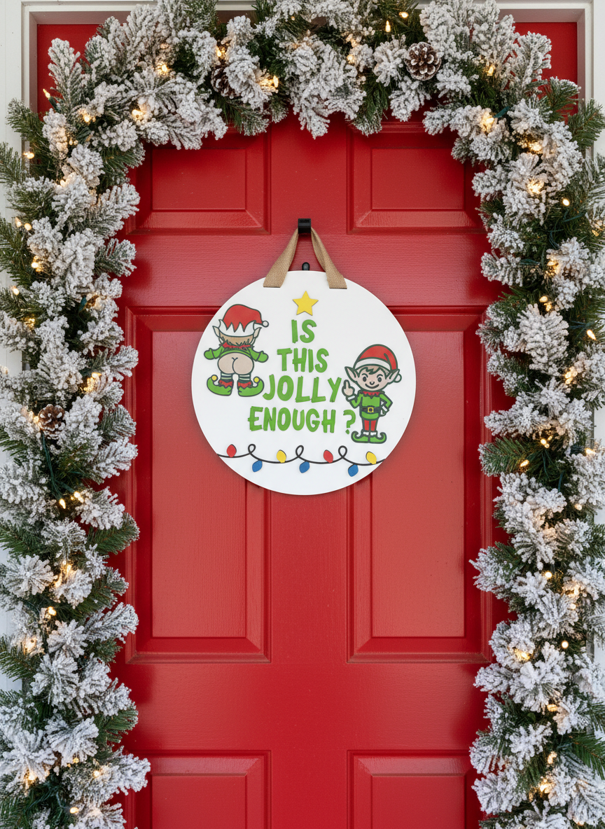 “Is This Jolly Enough?” Christmas Elf Door Sign – Handcrafted Holiday Décor