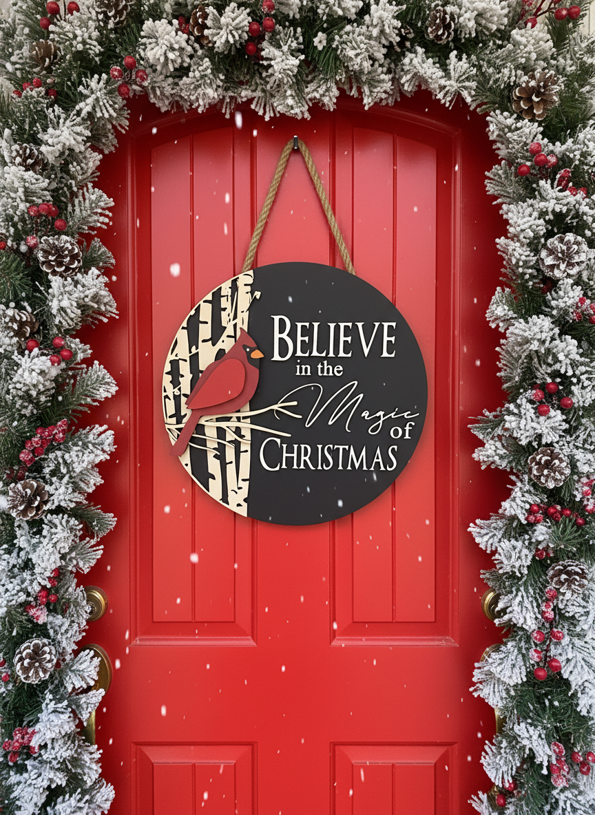 “Believe in the Magic of Christmas” Cardinal Door Sign – Christmas Front Door Decor