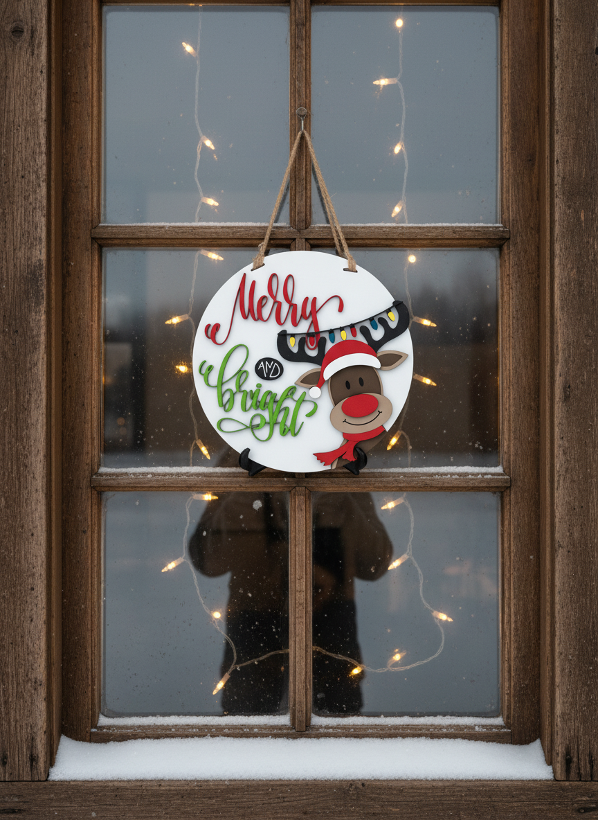 "Merry and Bright" Reindeer Door Sign – Christmas Holiday Decor