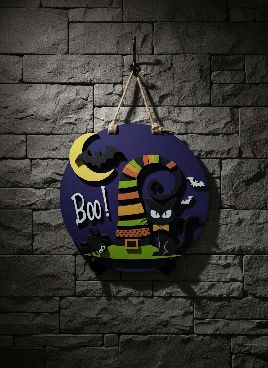 "Boo" Witches Hat and Black Cat Door Sign – Halloween Front Door Decor