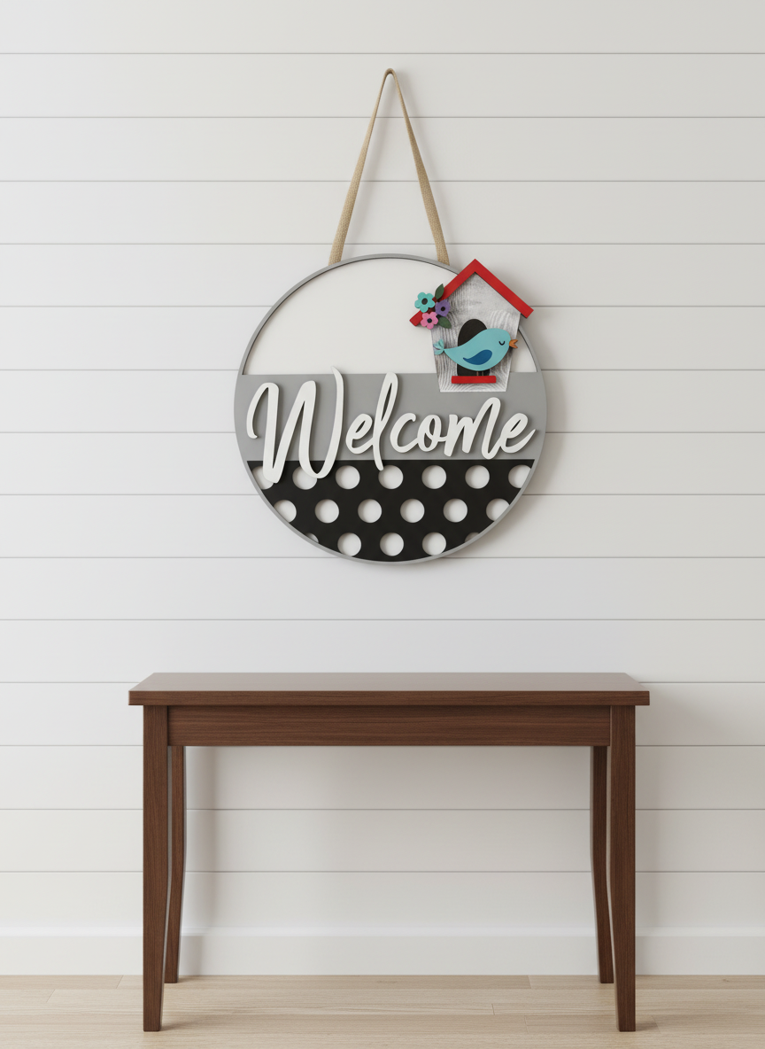 Welcome Blue Bird and Birdhouse Door Sign