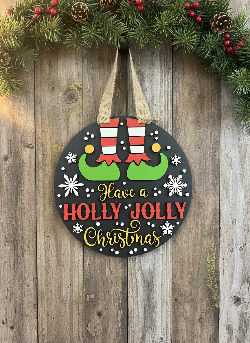 Playful Elf Have a Holly Jolly Christmas Door Sign – 16 Inch Holiday Front Door Decor