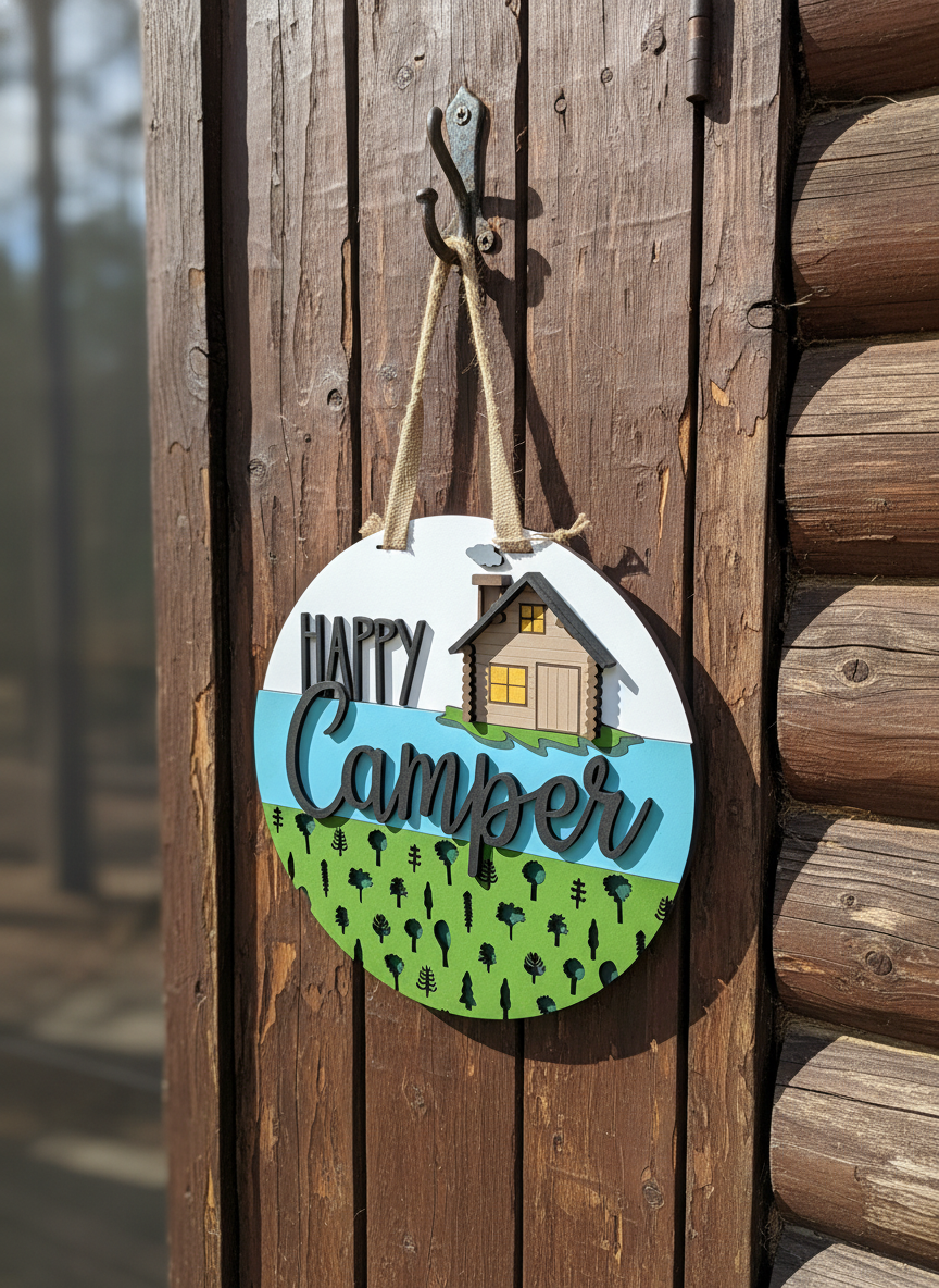 Happy Camper Door Hanger – 3D Wood Camping Decor | Cabin, RV & Lake House Welcome Sign